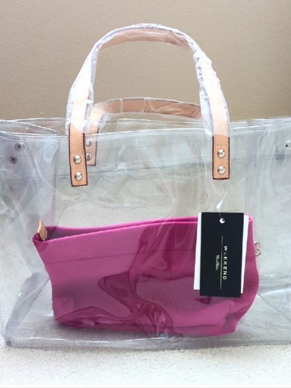 Max Mara Weekend Clear Tote Bag with Pink Insert and Tan Handles